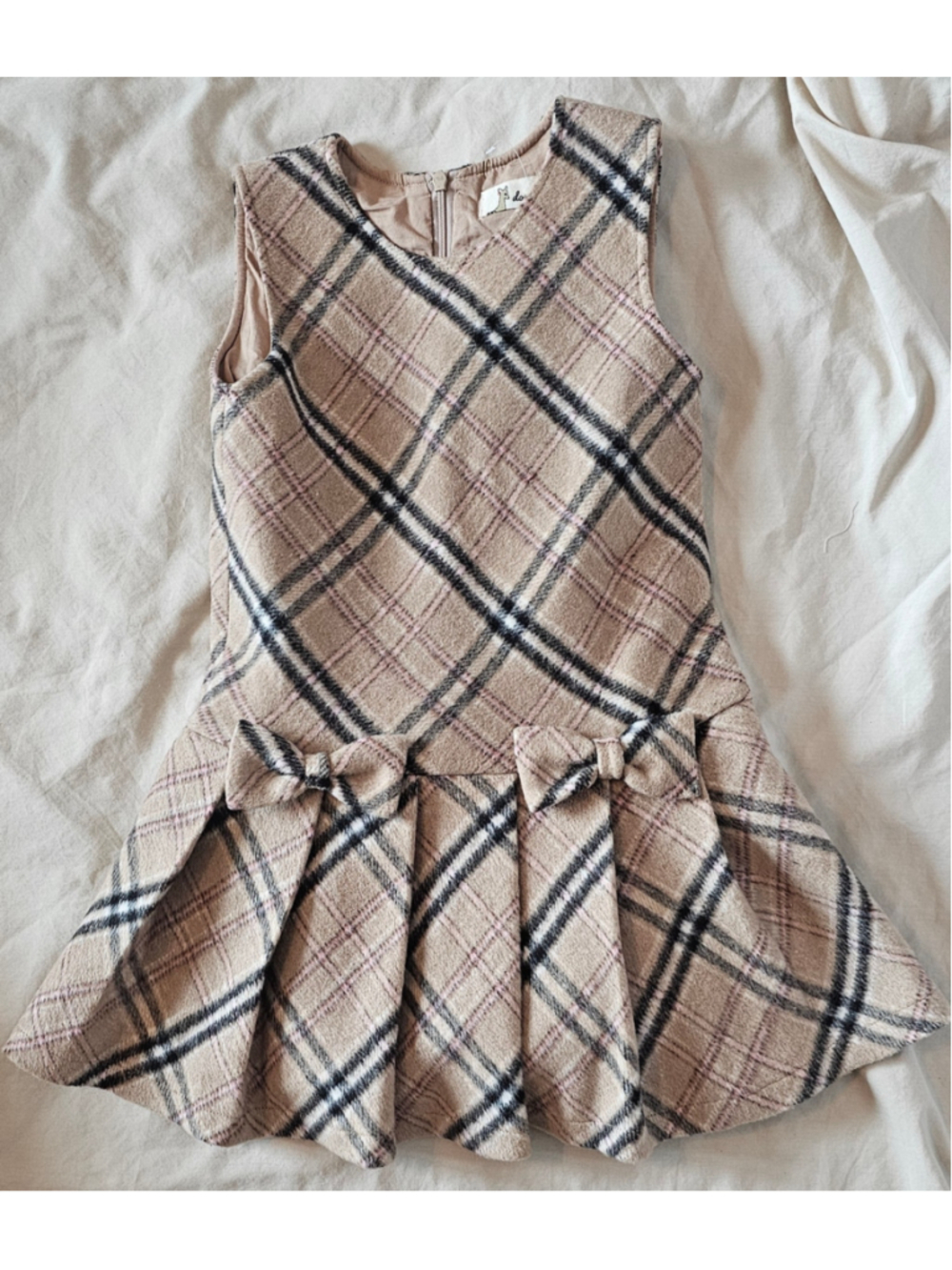 Toddler Girls Doe A Dear Plaid Dress Size 3T Beige Black Casual Sleeveless Bow